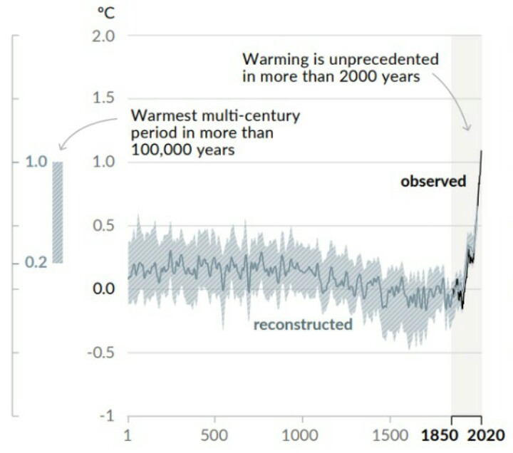 Cambio en la temperatura de la superficie global (promedio decenal) reconstruid (1-200) y observado (1850 - 2020)